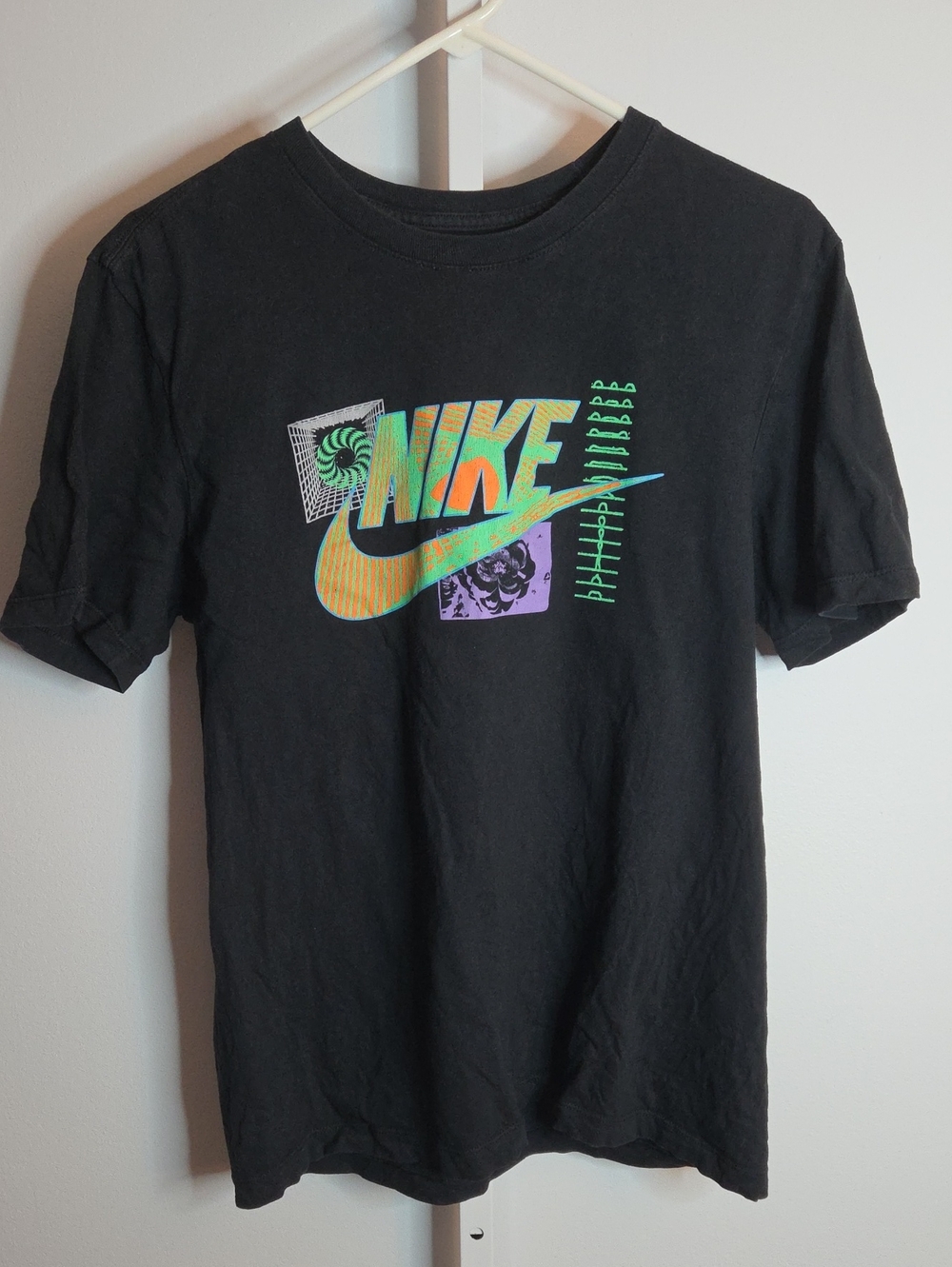 Nike Black Short-Sleeve Tee with Neon Multicolor Logo